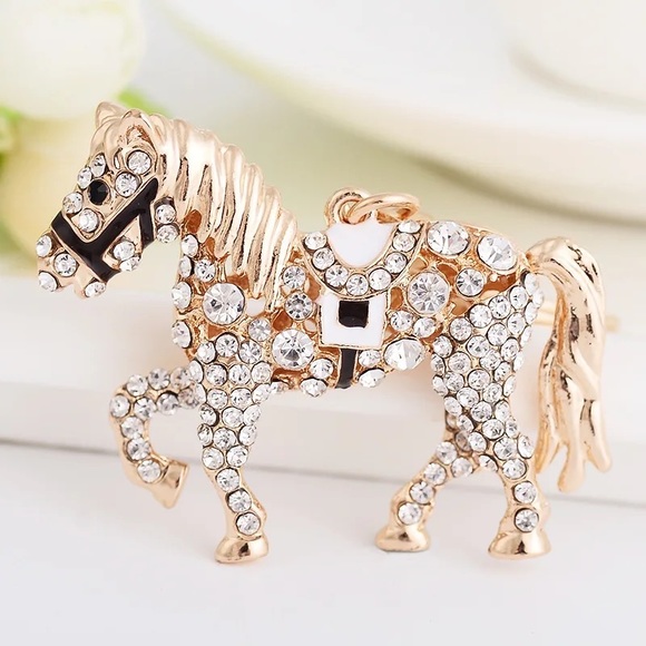 Gold and Crystal Saddled Horse Keychain Charm - Picture 1 of 16